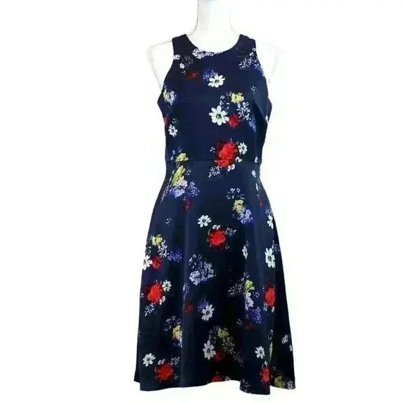 Banana Republic Blue Floral Sleeveless High Neck Fit & Flare Midi Dress Size 4 - Picture 1 of 8